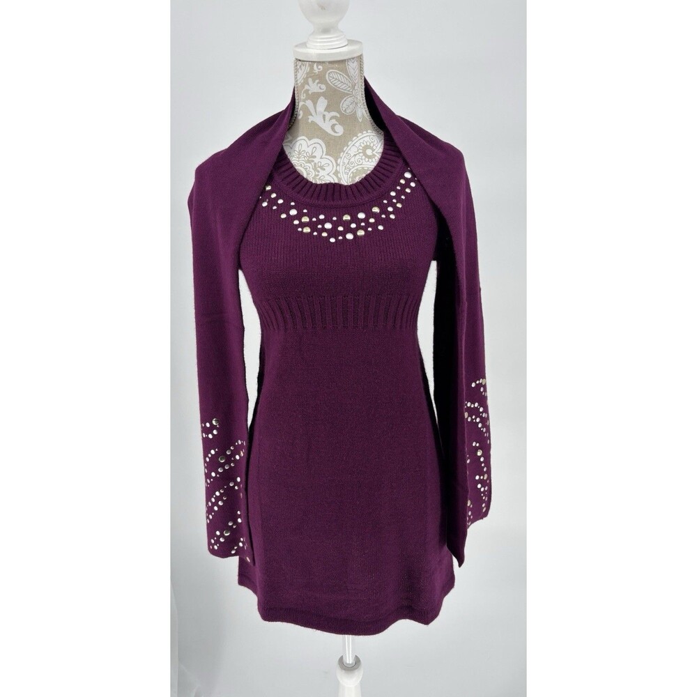 NWOT Style & Co Women’s Purple Cable Knit Sweater Tunic Dress Embellished Scarf